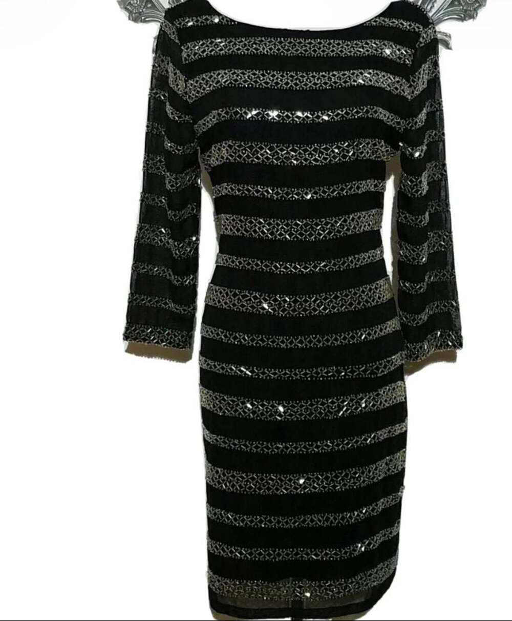 Romeo & Juliet Couture Black Beaded Stripe Sheer Sleeve Bodycon Dress Size M